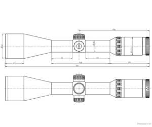 Dimensioned drawing of the KAHLES Helia 2.4-12x56i