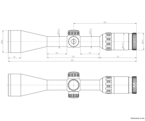 Dimensioned drawing of the KAHLES Helia 3 3-10x50i
