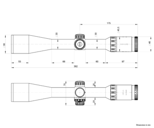 Dimensioned drawing of the KAHLES Helia 3.5-18x50i