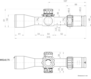 Dimensioned drawing of the KAHLES K318i REFINED 3.5-18x50i