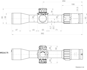 Dimensioned drawing of the KAHLES K328i REFINED 3.5-28x50i
